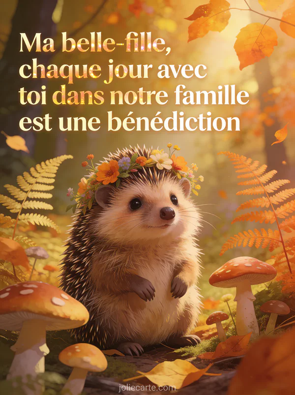 Hérisson avec couronne de fleurs sauvages parmi champignons et fougères dans sous-bois automnal texte anniversaire belle-fille