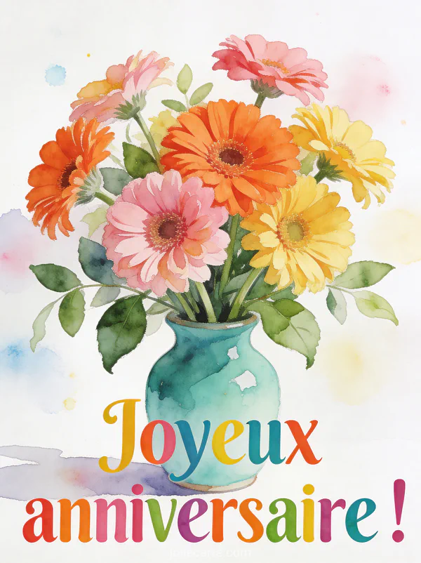 Bouquet de gerberas roses oranges et jaunes dans vase céramique turquoise fond blanc avec aquarelle carte anniversaire belle-fille
