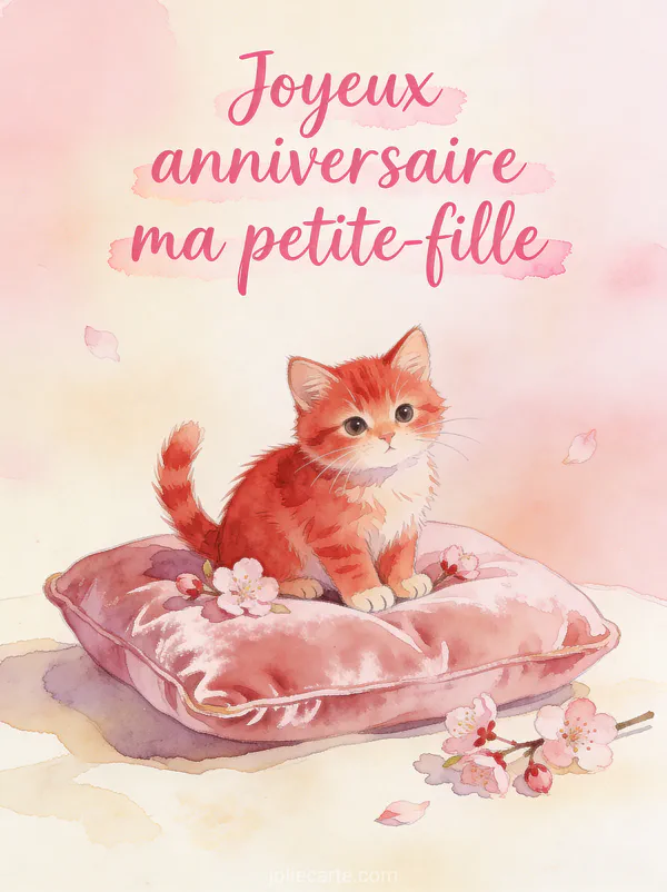 Chaton roux assis sur un coussin rose entouré de fleurs de cerisier avec le texte Joyeux anniversaire ma petite-fille