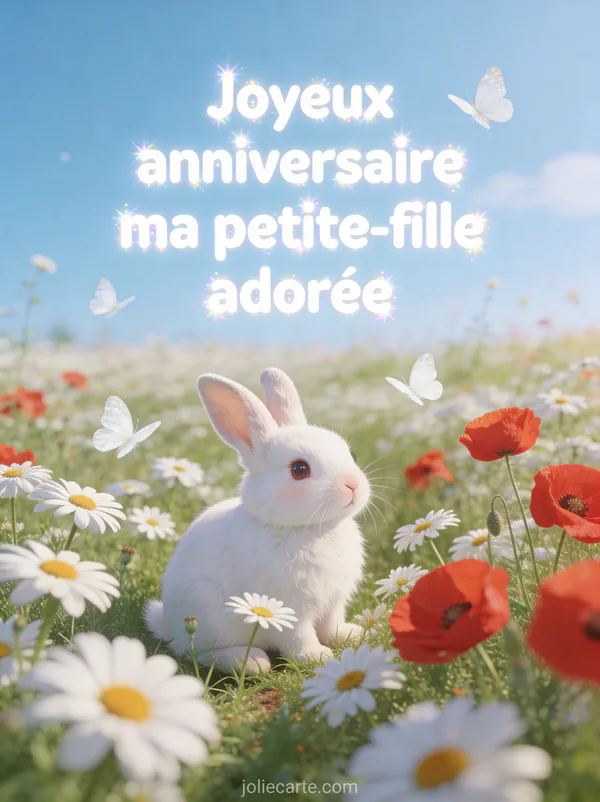 Petit lapin blanc dans un champ de marguerites et coquelicots avec papillons et texte Joyeux anniversaire ma petite-fille adorée