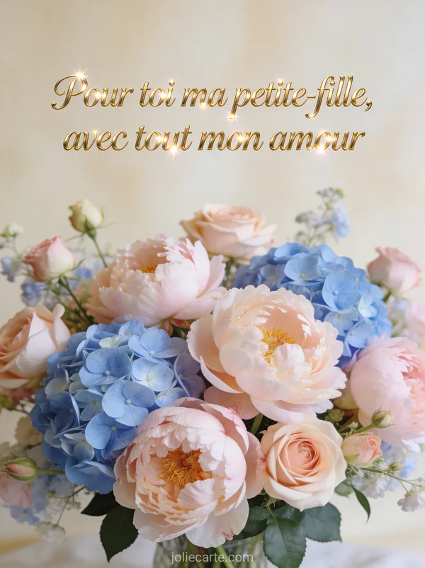 Composition florale de pivoines et hortensias pastel avec le texte Pour toi ma petite-fille avec tout mon amour