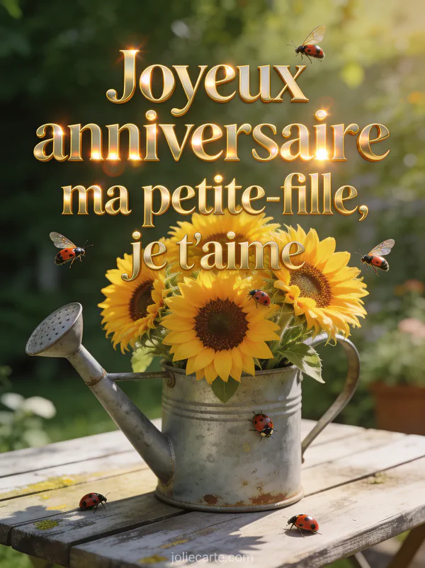 Bouquet de tournesols dans un arrosoir en zinc vintage sur une table de jardin avec texte Joyeux anniversaire ma petite-fille je t'aime