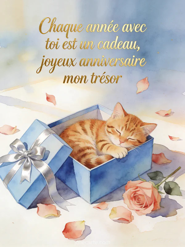 Chaton roux tigré endormi dans une boîte cadeau bleu ciel avec ruban argenté et pétales de rose, aquarelle délicate