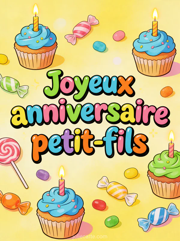 Cupcakes décorés de glaçage bleu et vert avec bougies allumées, bonbons et sucettes colorés sur fond jaune pastel