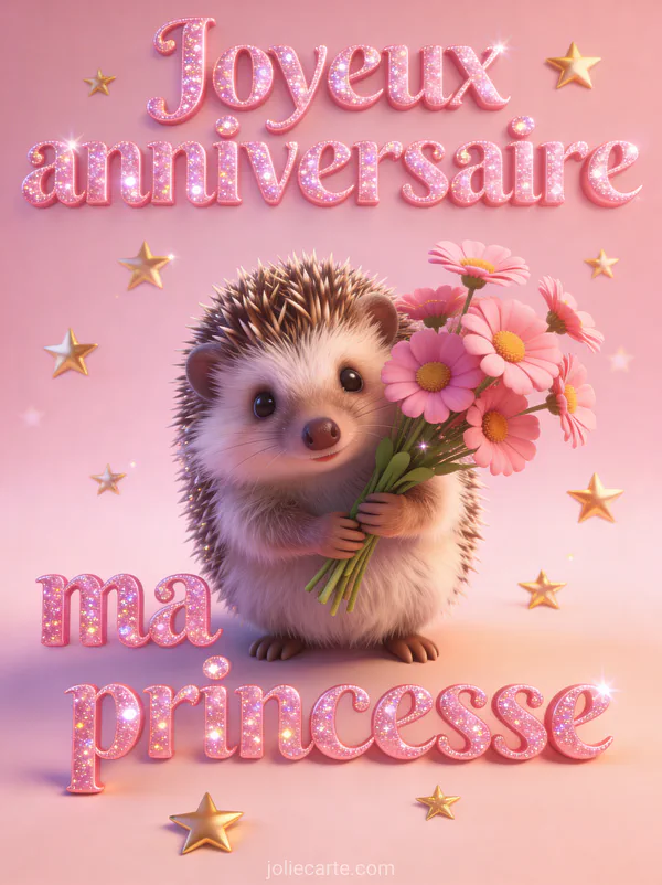 Petit hérisson mignon tenant un bouquet de renoncules roses avec étoiles dorées et texte Joyeux anniversaire ma princesse