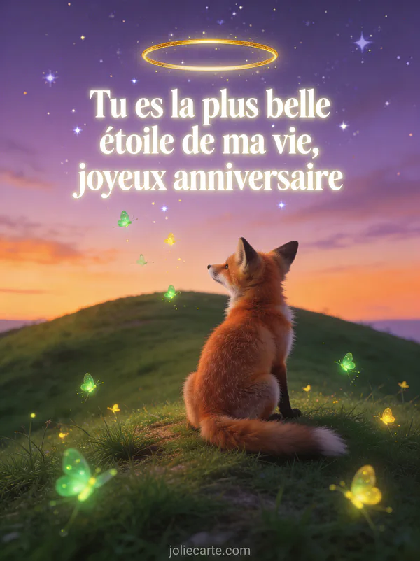 Petit renard roux assis sur colline verdoyante contemplant un ciel crépusculaire étoilé avec lucioles lumineuses