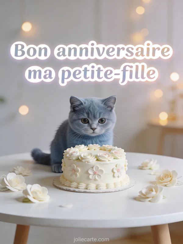 Chat british shorthair gris bleu assis devant un gâteau décoré de fleurs en crème avec texte Bon anniversaire ma petite-fille