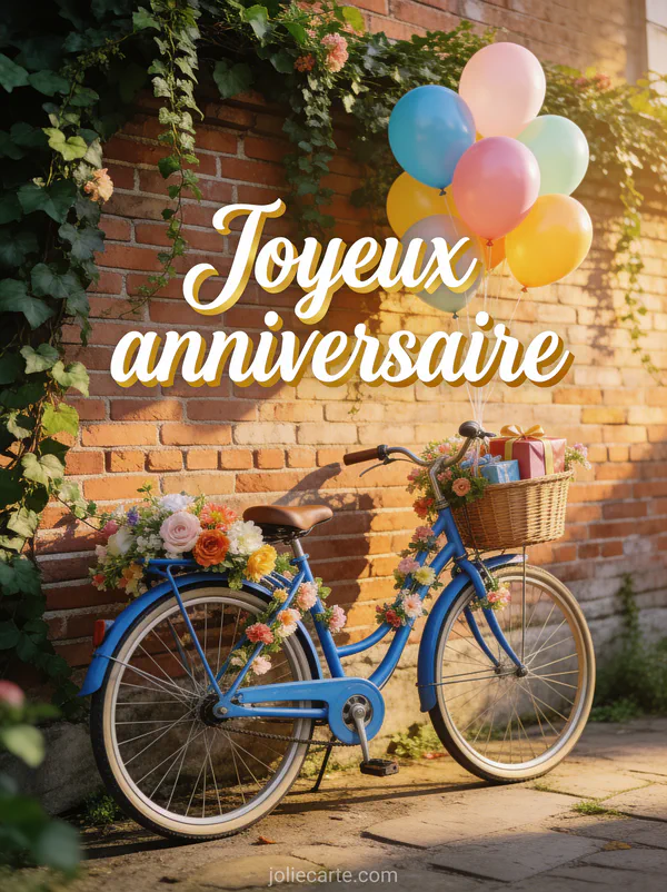 Vélo vintage bleu décoré de fleurs et ballons devant un mur de briques couvert de lierre avec panier de cadeaux