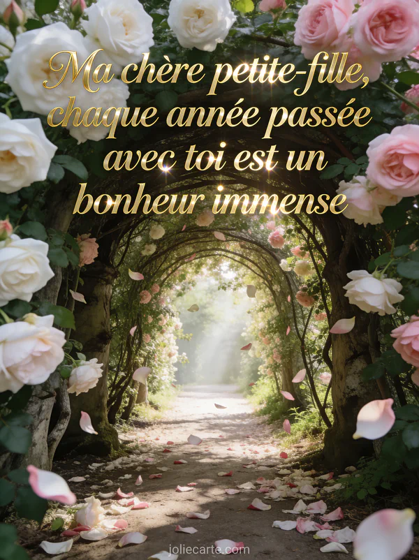 Allée de rosiers grimpants en arche avec roses blanches et rose pâle formant un tunnel fleuri et texte anniversaire petite-fille