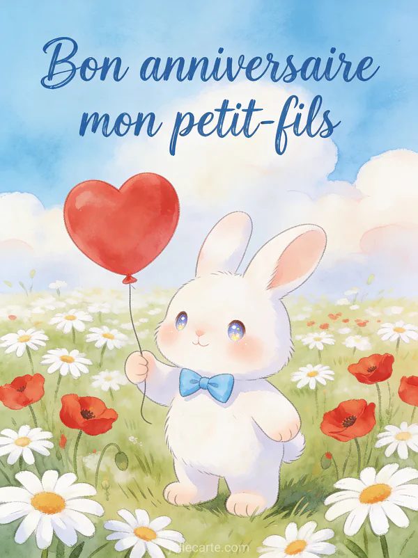 Petit lapin blanc avec nœud papillon bleu tenant un ballon cœur rouge dans une prairie de marguerites et coquelicots