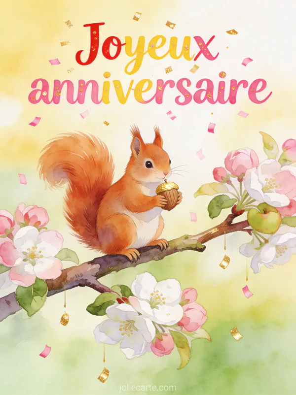 Écureuil roux sur une branche de pommier en fleurs avec confettis roses et dorés et texte Joyeux anniversaire