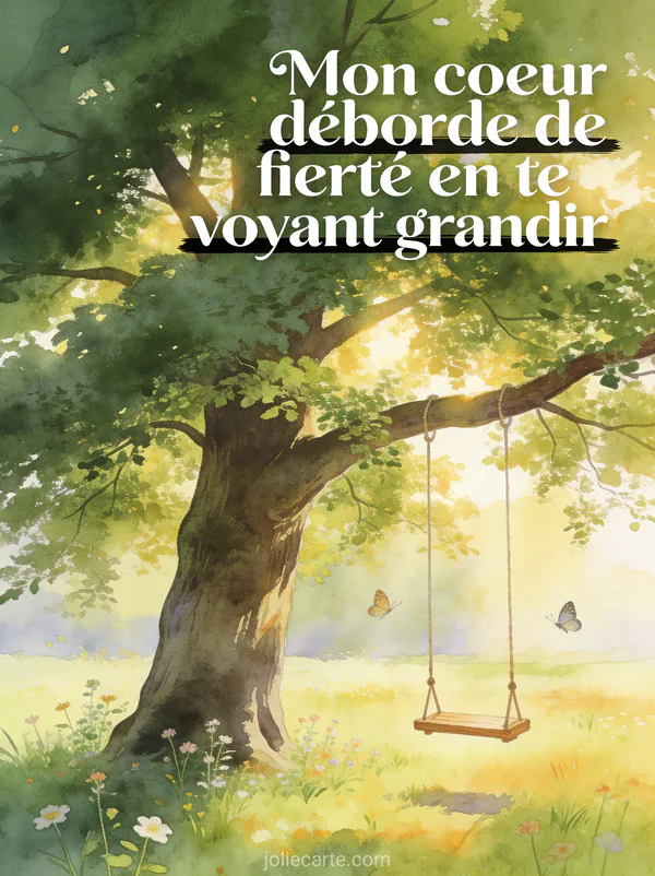 Grand chêne majestueux avec balançoire en bois dans prairie ensoleillée, papillons et fleurs sauvages, aquarelle lumineuse