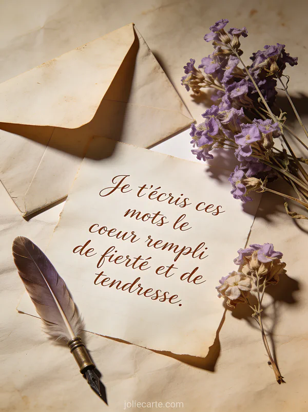 Enveloppe ancienne ouverte avec lettre et violettes séchées plume d'écriture et texte anniversaire petite-fille