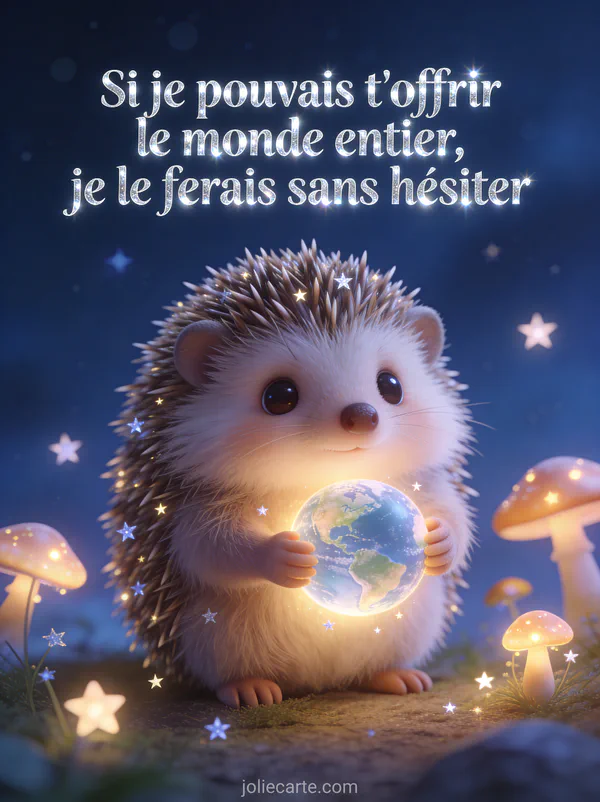 Petit hérisson mignon tenant un globe terrestre lumineux entouré d'étoiles et de champignons féeriques sur fond bleu nuit