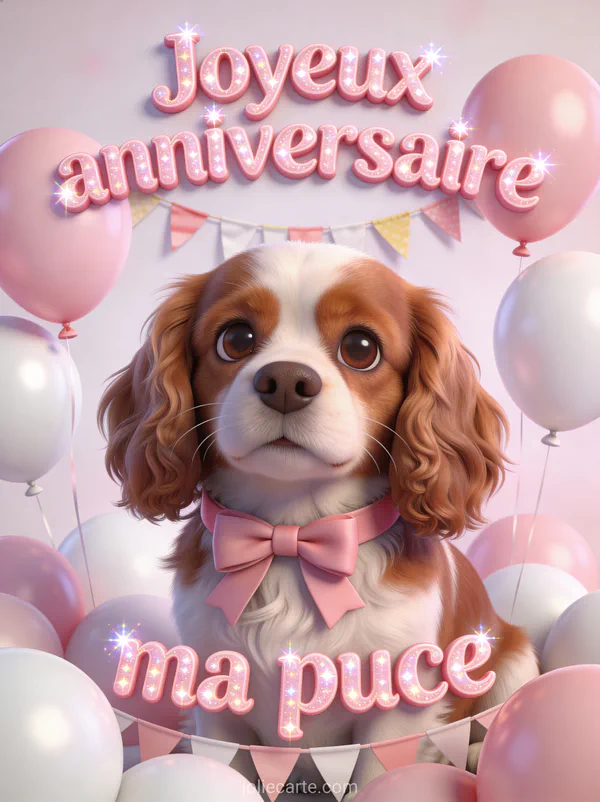 Petit chien cavalier king charles avec nœud rose entouré de ballons pastel et texte Joyeux anniversaire ma puce