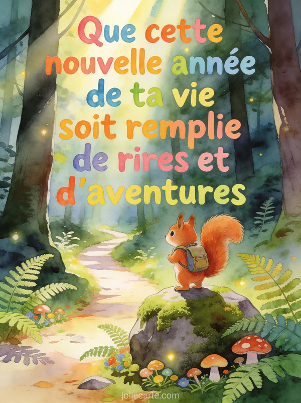 Petit écureuil roux avec sac à dos sur rocher moussu face à un sentier forestier lumineux avec fougères et champignons