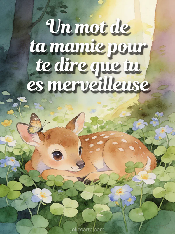 Petit faon aux grands yeux couché dans un lit de trèfles et pâquerettes avec papillon sur l'oreille et texte anniversaire petite-fille