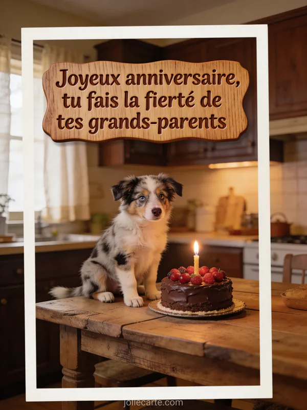 Chiot berger australien aux yeux vairons assis à côté d'un gâteau au chocolat avec bougie sur table rustique