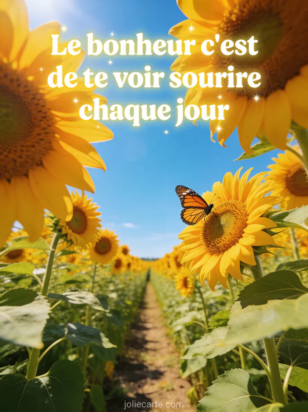 Champ de tournesols en pleine floraison sous ciel bleu avec papillon monarque posé sur un tournesol, lumière dorée