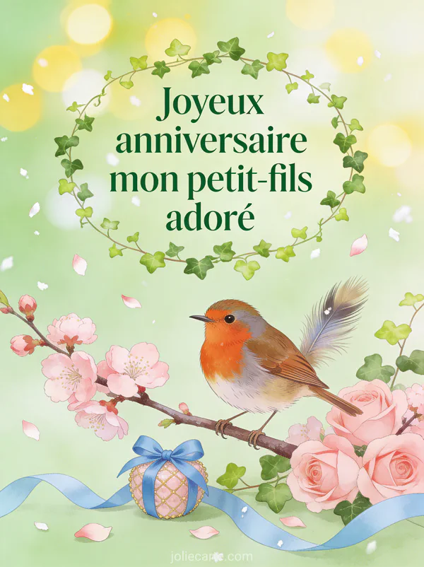 Rouge-gorge perché sur branche de cerisier en fleurs roses avec nid décoré d'un ruban bleu et pétales tombants