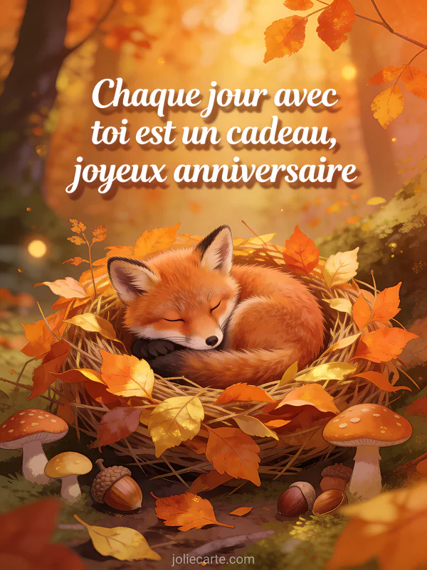 Petit renard roux endormi en boule dans un nid de feuilles d'automne dorées avec champignons et glands et texte anniversaire