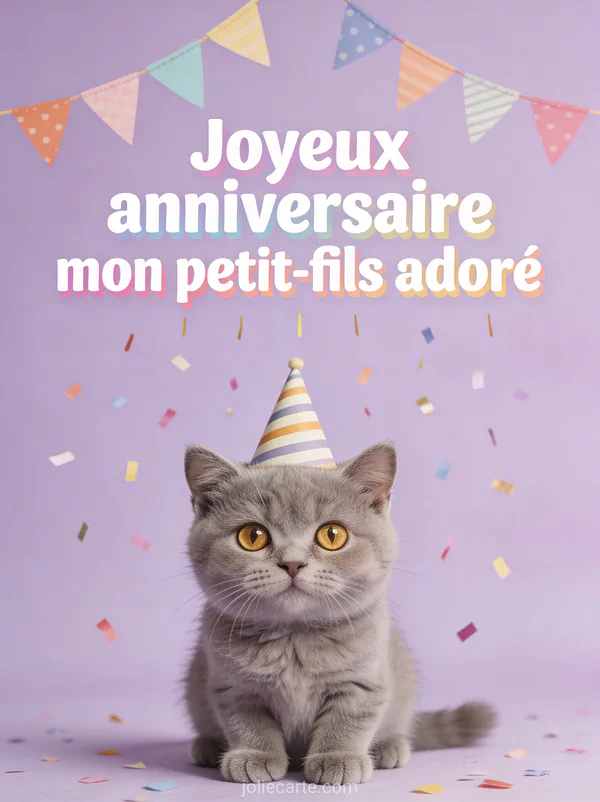 Chat british shorthair gris aux yeux dorés avec chapeau de fête sous guirlande de fanions colorés et confettis