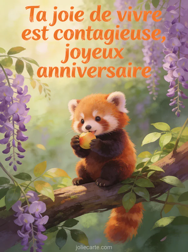 Petit panda roux assis sur branche d'arbre entouré de feuillage vert et fleurs de glycine violettes en cascade