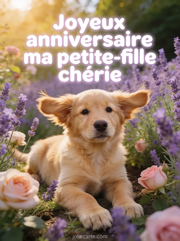 Chiot golden retriever couché dans un jardin de lavande et roses avec lumière dorée et texte Joyeux anniversaire ma petite-fille chérie