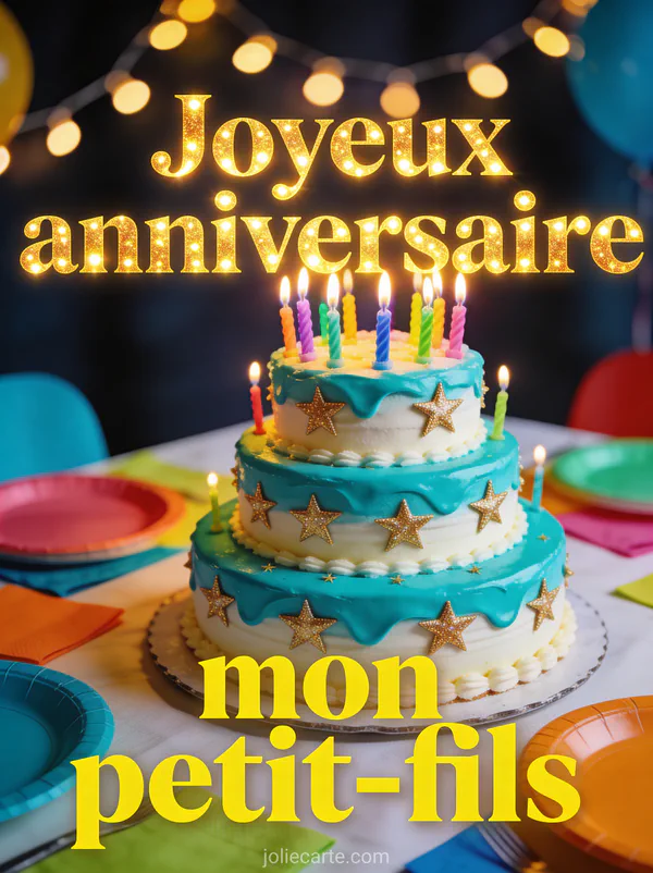 Gâteau d'anniversaire trois étages glaçage bleu turquoise avec étoiles dorées et bougies multicolores, guirlandes lumineuses