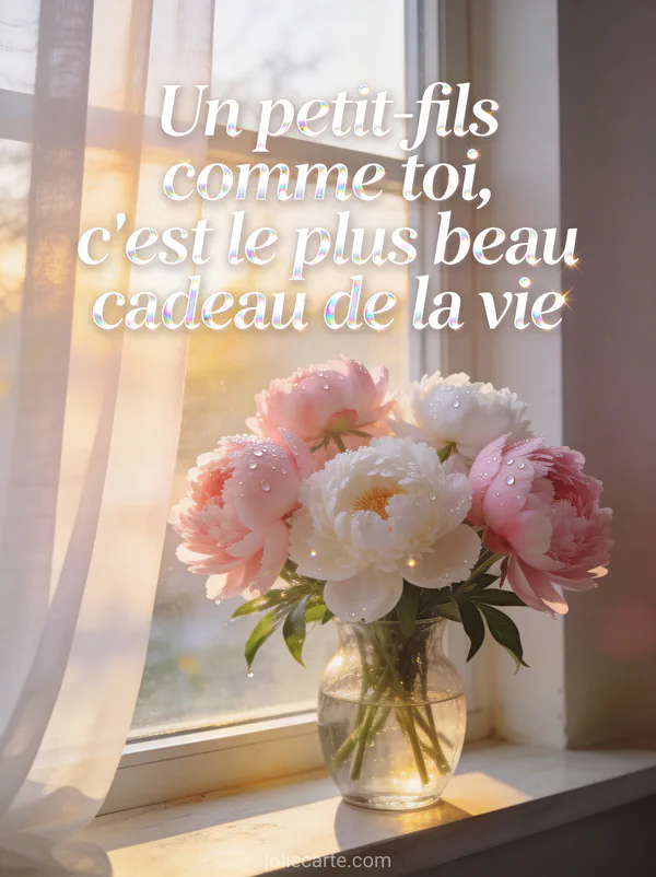 Bouquet de pivoines roses et blanches dans vase en verre sur rebord de fenêtre avec lumière dorée matinale