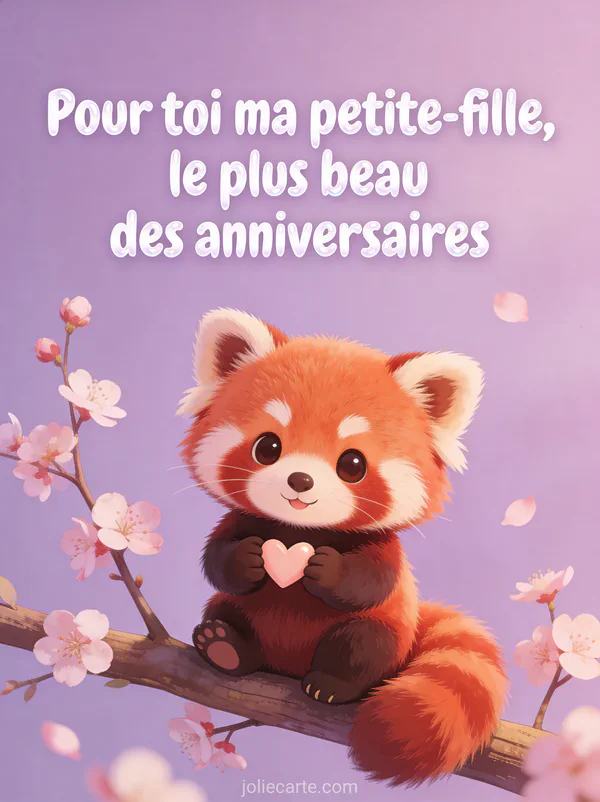 Petit panda roux assis sur une branche avec fleurs de prunier tenant un cœur et texte anniversaire petite-fille