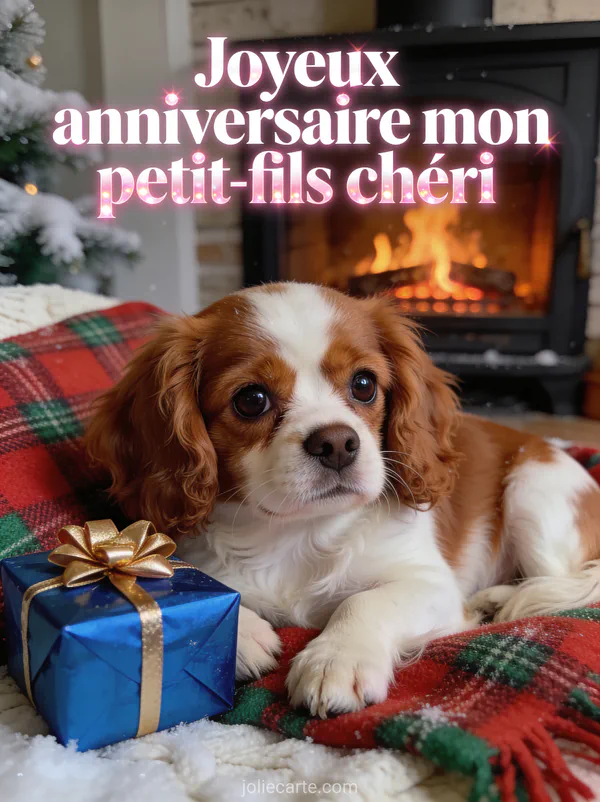 Chiot cavalier king charles brun et blanc couché sur plaid écossais avec cadeau bleu et cheminée en arrière-plan