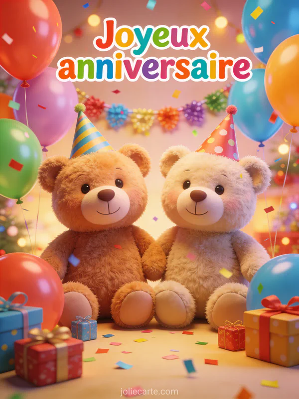 Deux oursons en peluche avec chapeaux de fête entourés de ballons multicolores guirlandes et cadeaux et texte Joyeux anniversaire