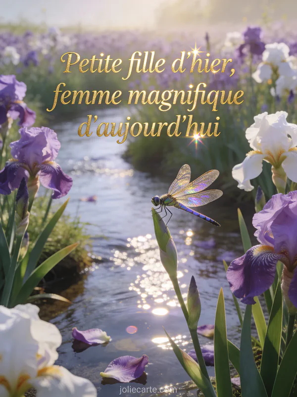Champ d'iris violets et blancs au bord d'un ruisseau avec libellule aux ailes irisées et texte Petite fille d'hier femme magnifique d'aujourd'hui