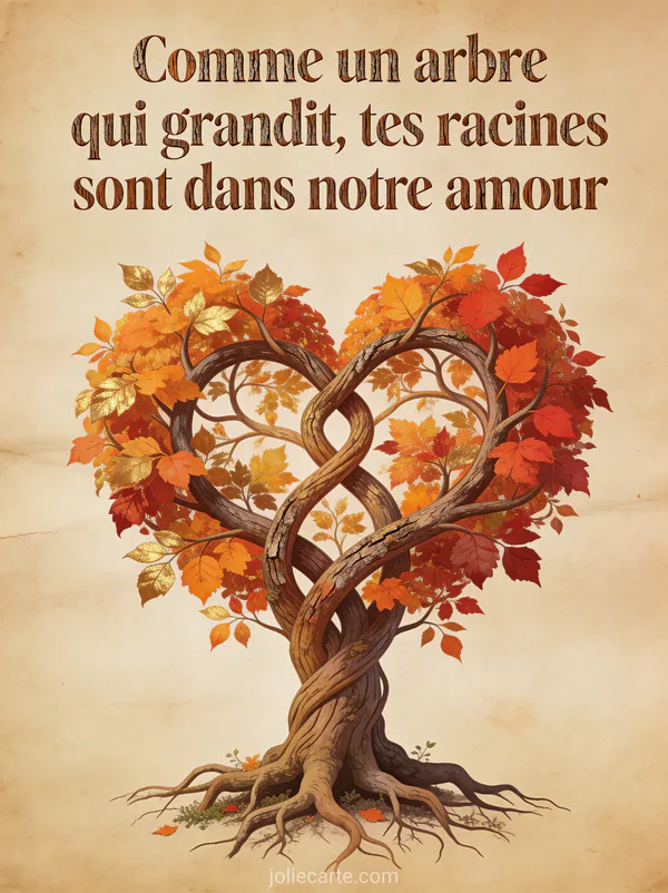 Arbre de vie stylisé aux branches entrelacées en cœur avec feuilles automnales dorées et racines robustes sur parchemin