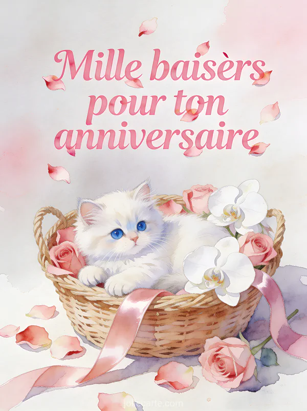 Chat persan blanc aux yeux bleus dans un panier en osier entouré de pétales de roses et orchidées avec texte Mille baisers pour ton anniversaire