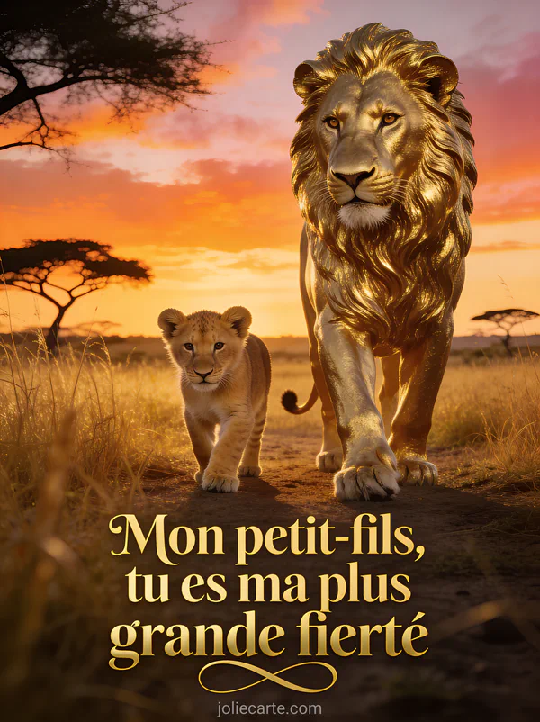 Lion doré et lionceau marchant côte à côte dans savane au coucher du soleil avec herbes dorées et acacias