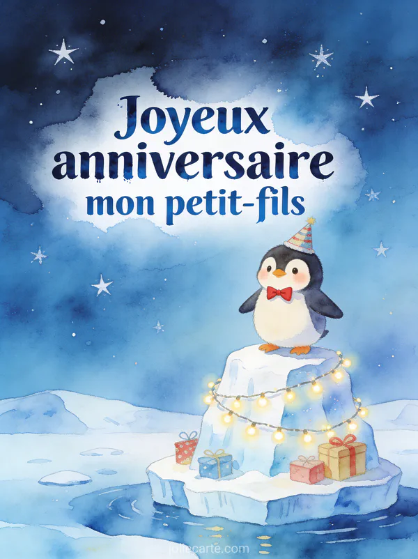 Petit pingouin avec nœud papillon rouge et chapeau de fête sur iceberg décoré de guirlandes et cadeaux