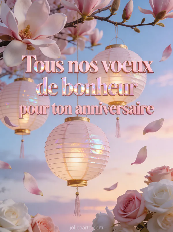 Lanternes en papier roses et blanches suspendues à branches de magnolia fleuries avec pétales tombants au crépuscule