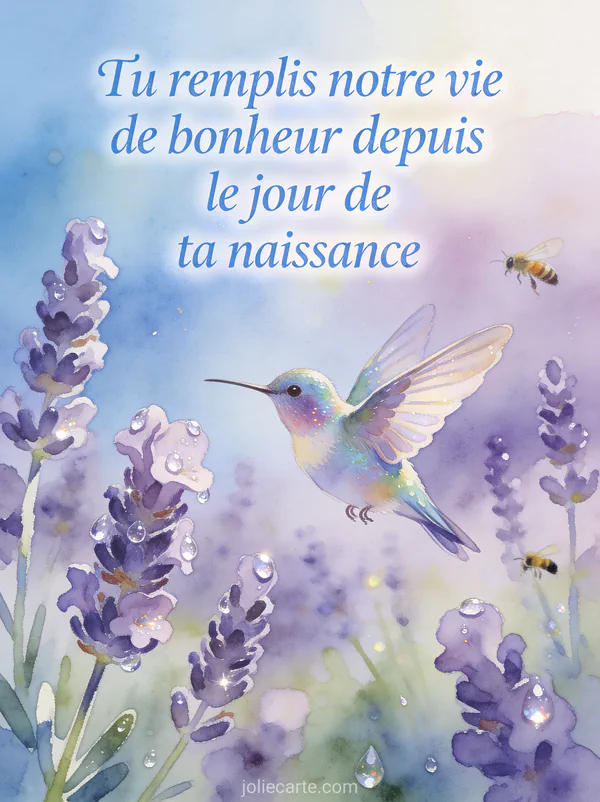 Colibri irisé aux ailes déployées survolant jardin de lavande en fleurs avec gouttelettes de rosée scintillantes