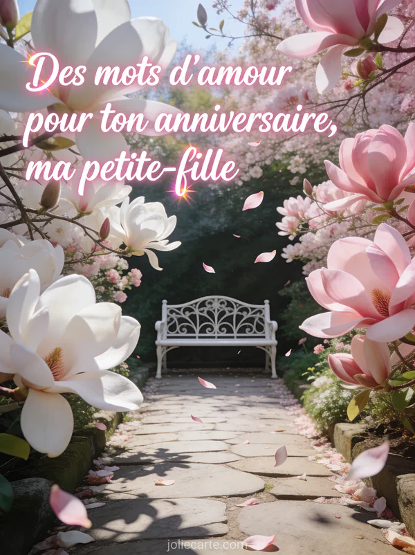 Allée de magnolias en pleine floraison avec pétales tombant banc en fer forgé blanc et texte Des mots d'amour pour ton anniversaire