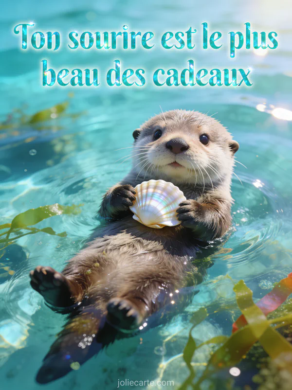 Loutre de mer flottant sur le dos dans eau cristalline tenant un coquillage nacré avec reflets de soleil