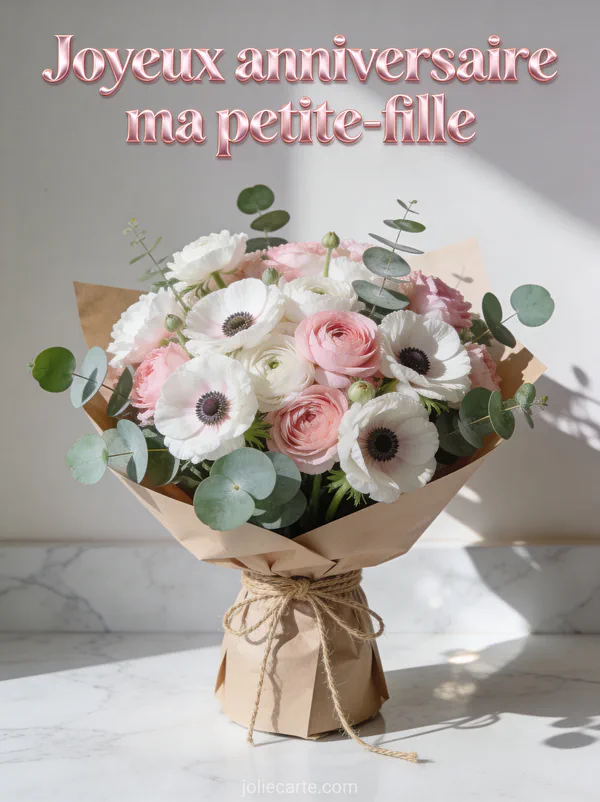 Bouquet d'anémones blanches et roses avec eucalyptus emballé en papier kraft sur marbre blanc et texte Joyeux anniversaire ma petite-fille