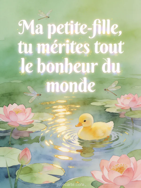 Petit caneton jaune nageant sur un étang calme avec nénuphars roses et libellules et texte anniversaire petite-fille