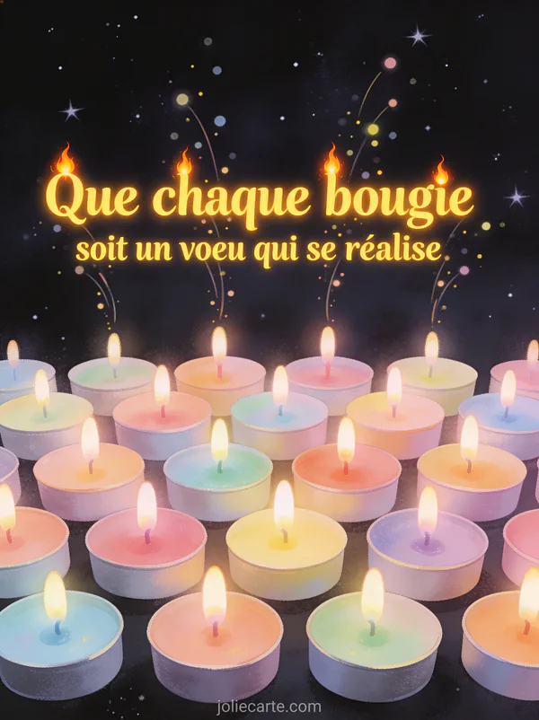 Rangée de bougies d'anniversaire colorées allumées sur fond sombre étoilé avec particules lumineuses montantes