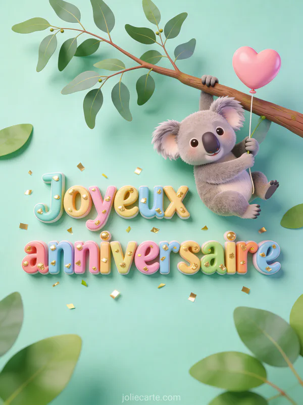 Petit koala accroché à une branche d'eucalyptus tenant un ballon cœur rose avec confettis dorés et texte Joyeux anniversaire