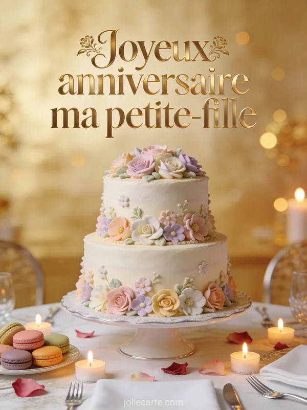 Gâteau à deux étages décoré de fleurs en sucre pastel macarons et bougies allumées avec pétales de rose et texte Joyeux anniversaire ma petite-fille