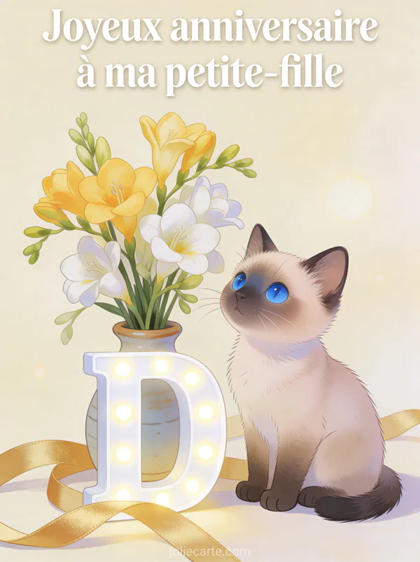 Chat siamois aux yeux bleus assis à côté d'un bouquet de freesias jaunes et blancs avec ruban doré et texte Joyeux anniversaire à ma petite-fille