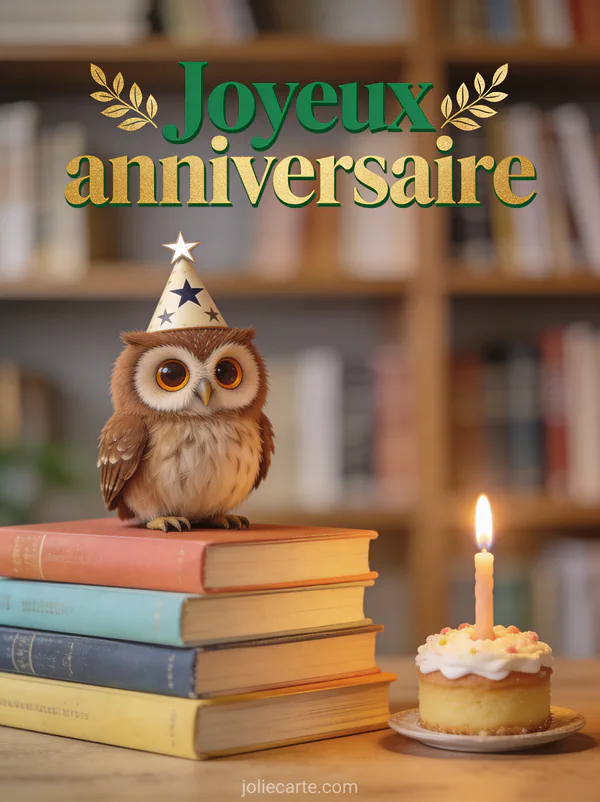 Petit hibou brun aux yeux ambrés avec chapeau étoilé perché sur pile de livres colorés avec gâteau et bougie