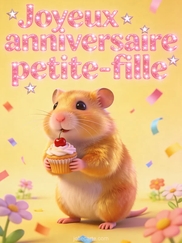 Petit hamster doré tenant un cupcake décoré d'une cerise avec confettis et primevères et texte Joyeux anniversaire petite-fille